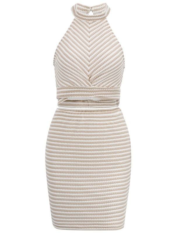 New solid color halter neck crop top strap suit skirt - Skirt Suit